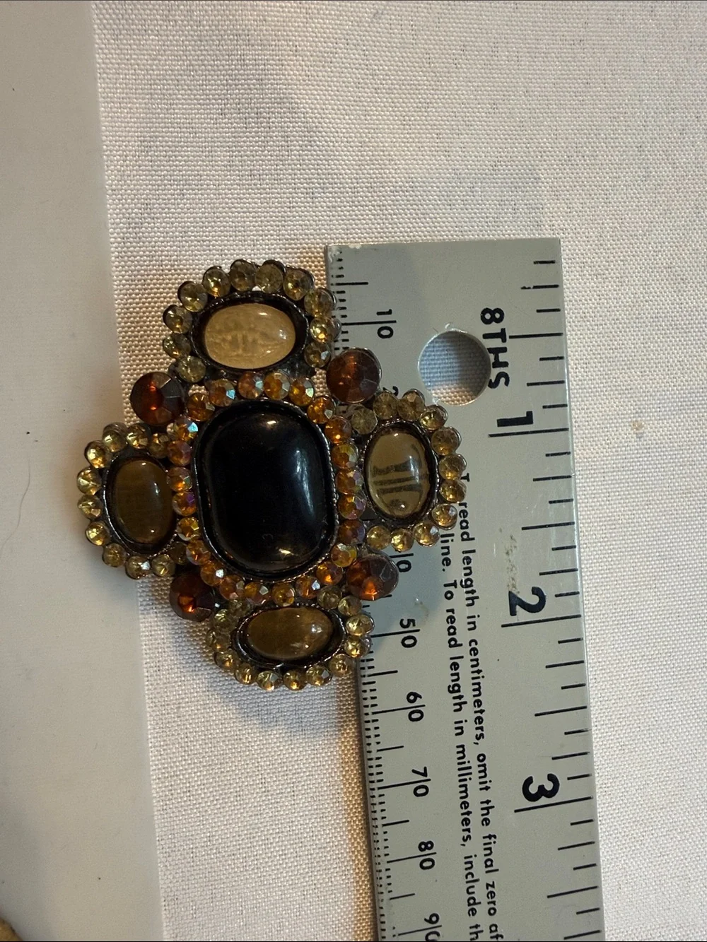 Vintage Brooch Black enamel Center & Amber Accents Inc rhinestone Guc 2” appx